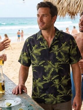 VTG Red Macaw Mens Green Rayon Hawaiian Short Sleeve Button Down Shirt Medium
